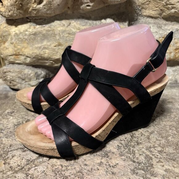 TARYN Rose Black Suede Nubuck T-Trap High Wedge Heels Strappy Bow Sandals W’s 7 - Picture 4 of 8